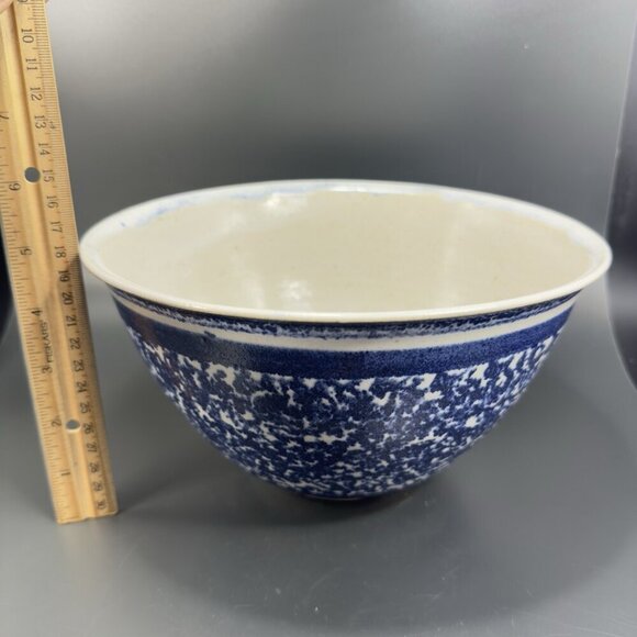 Vintage Hand Made Stoneware Pottery Dish Bowl Hand Glazed Blue Sponge ware Bowl - Picture 3 of 15